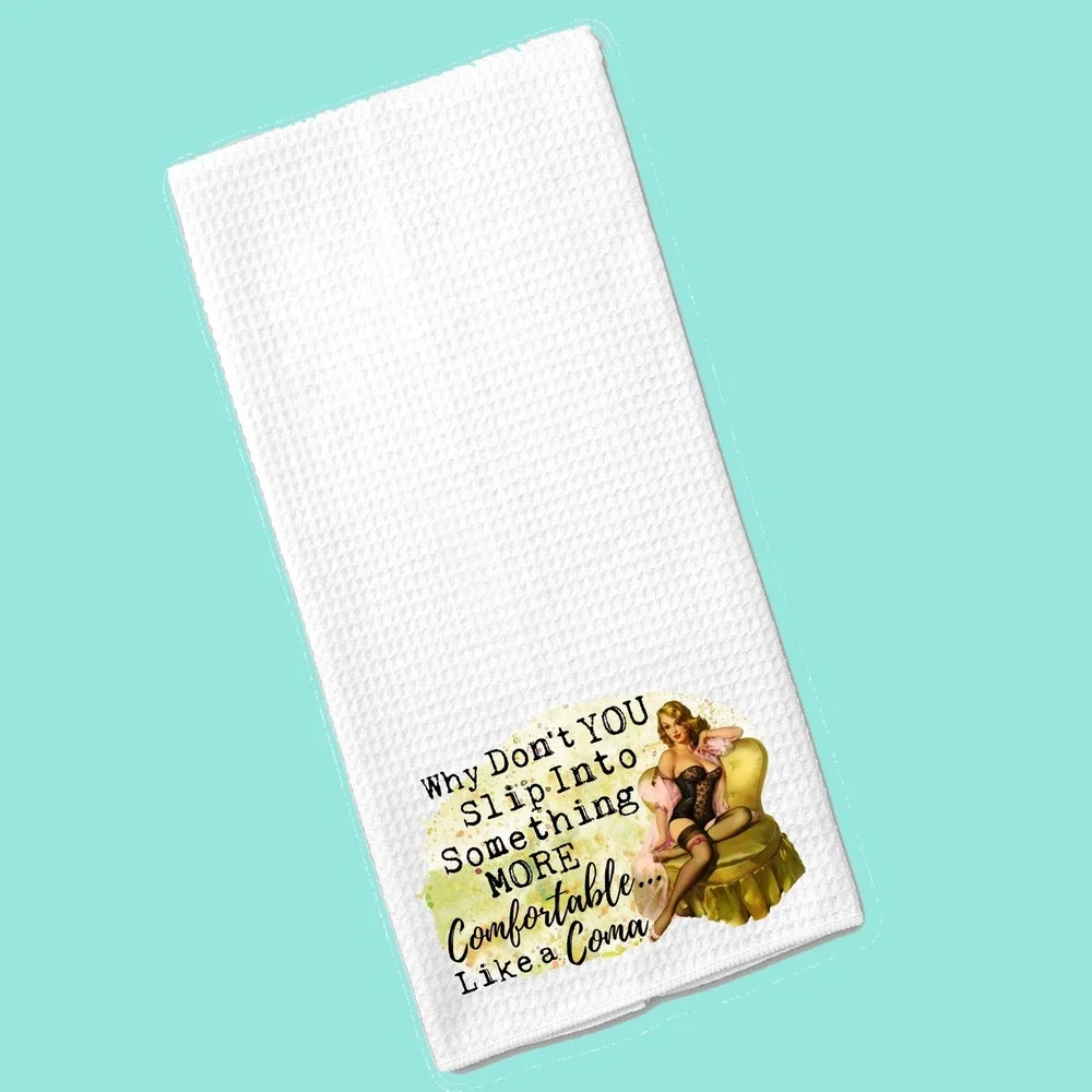 Vintage Pin Up Girl Waffle Weave Kitchen Towel White Sarcastic Coma Humor